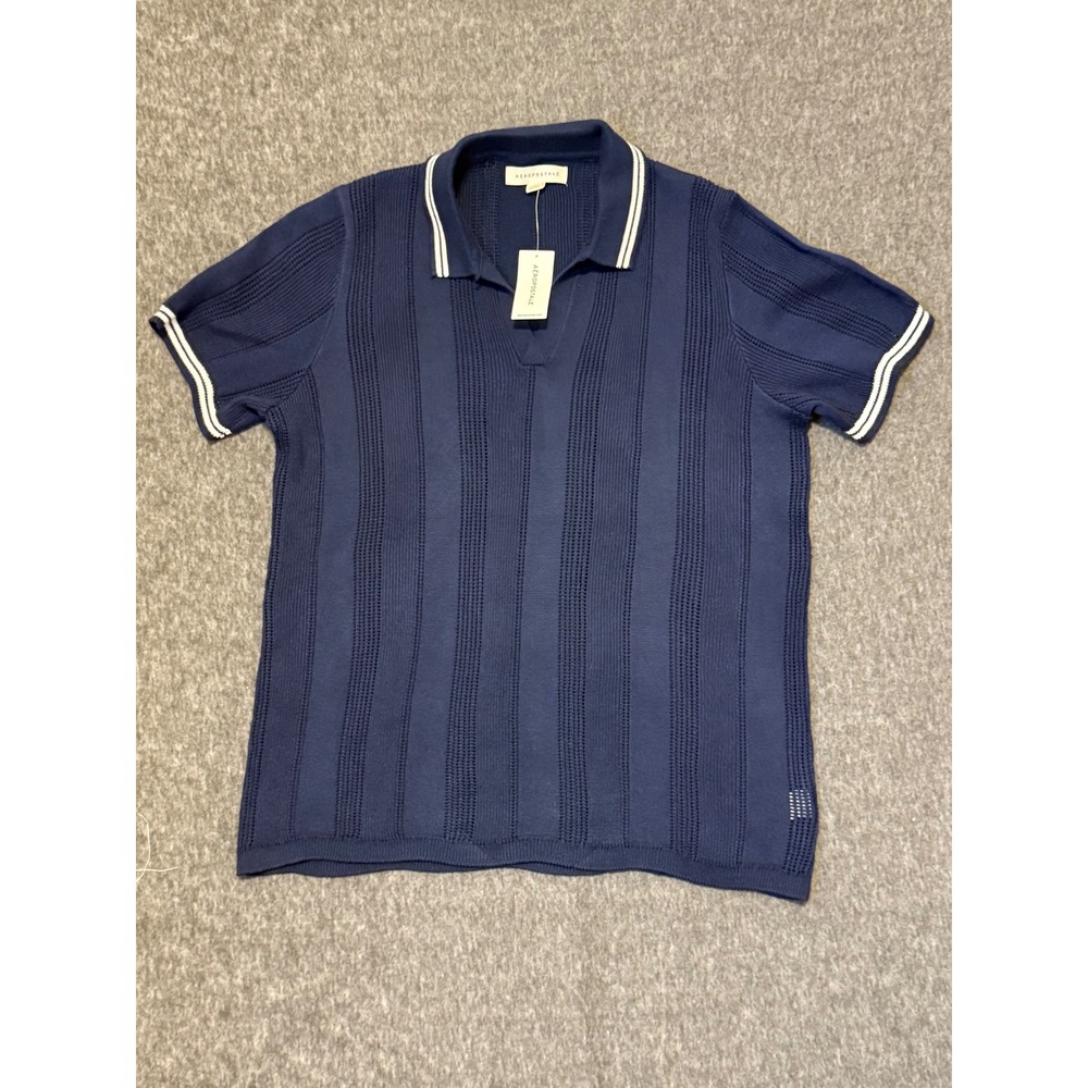 Aeropostale Mens Navy Cable Knit Polo Shirt Short Sleeve Johnny Collar L NWT